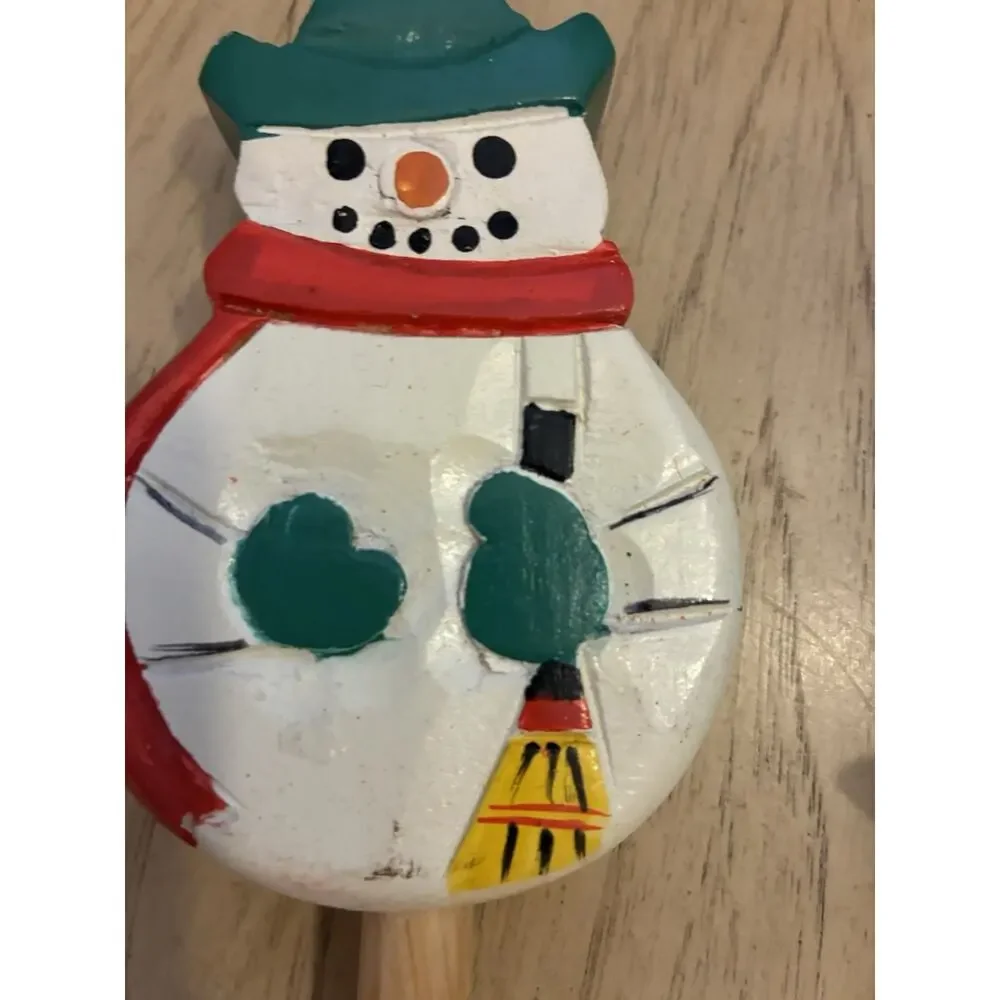 Christmas Serving Spoon Fork Hand Painted Wood Snowman Tree Salad Pasta Holiday